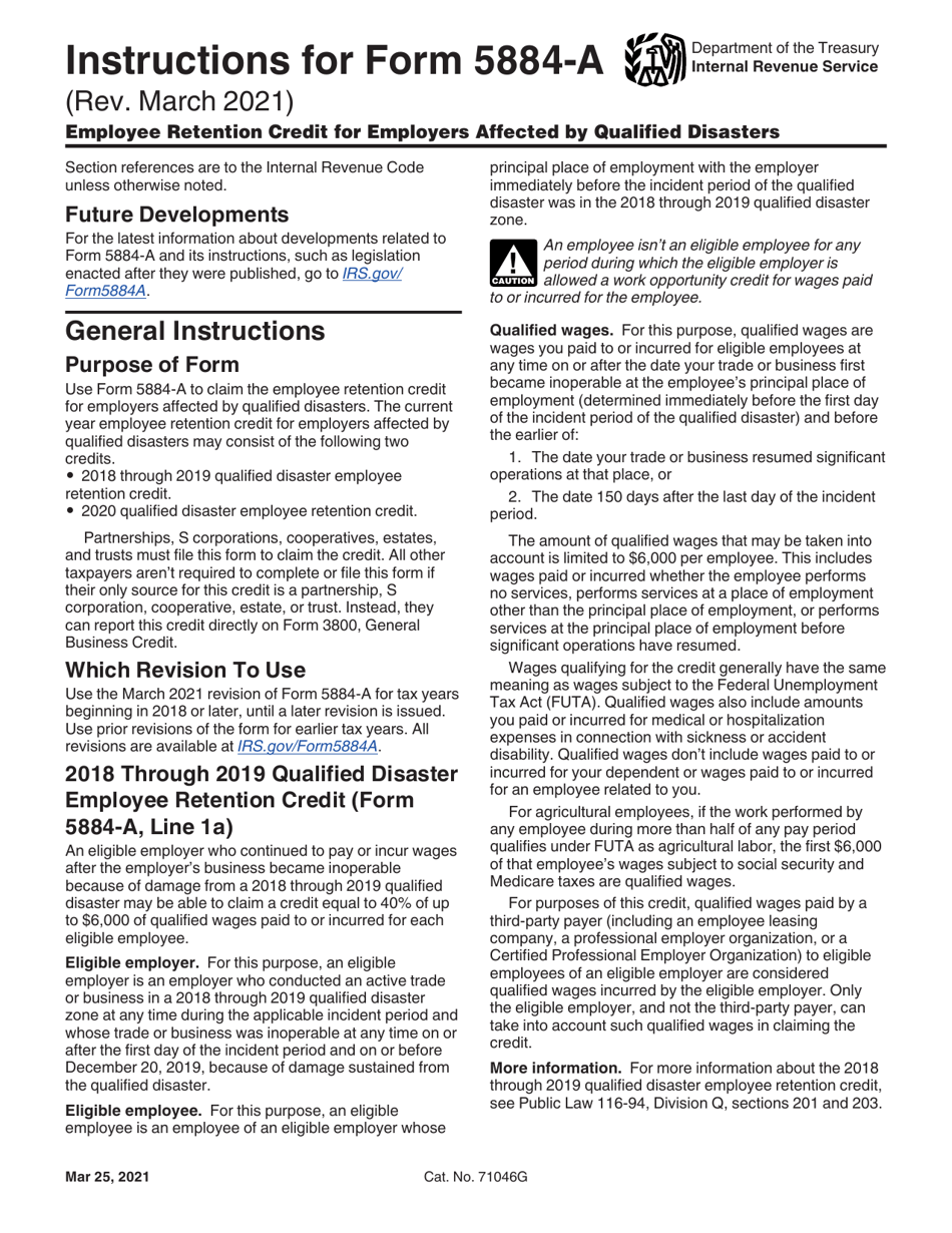 Instructions for IRS Form 5884-A Employee Retention Credit for Employers Affected by Qualified Disasters, Page 1