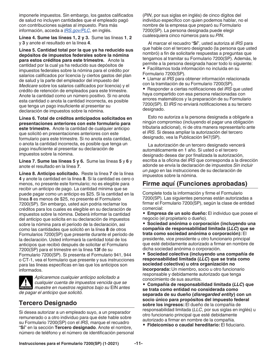 Instrucciones para IRS Formulario 7200(SP) Anticipo De Pago De Creditos Del Empleador Debido Al Covid-19 (Spanish), Page 11