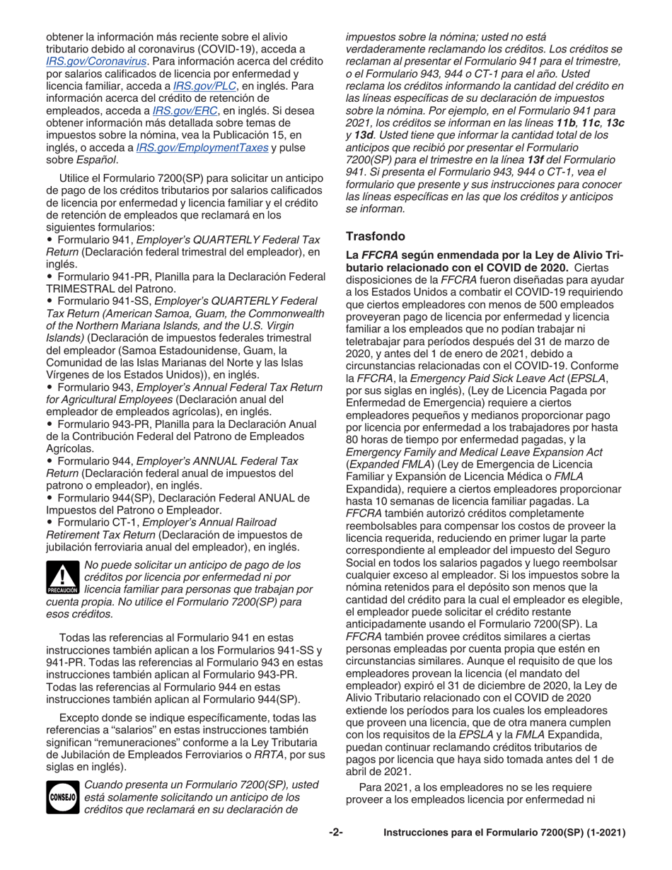 Instrucciones para IRS Formulario 7200(SP) Anticipo De Pago De Creditos Del Empleador Debido Al Covid-19 (Spanish), Page 2