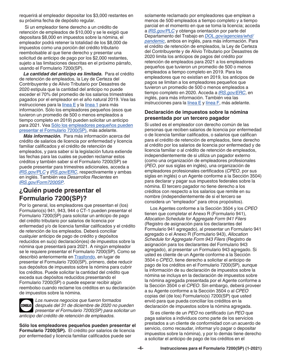 Instrucciones para IRS Formulario 7200(SP) Anticipo De Pago De Creditos Del Empleador Debido Al Covid-19 (Spanish), Page 4