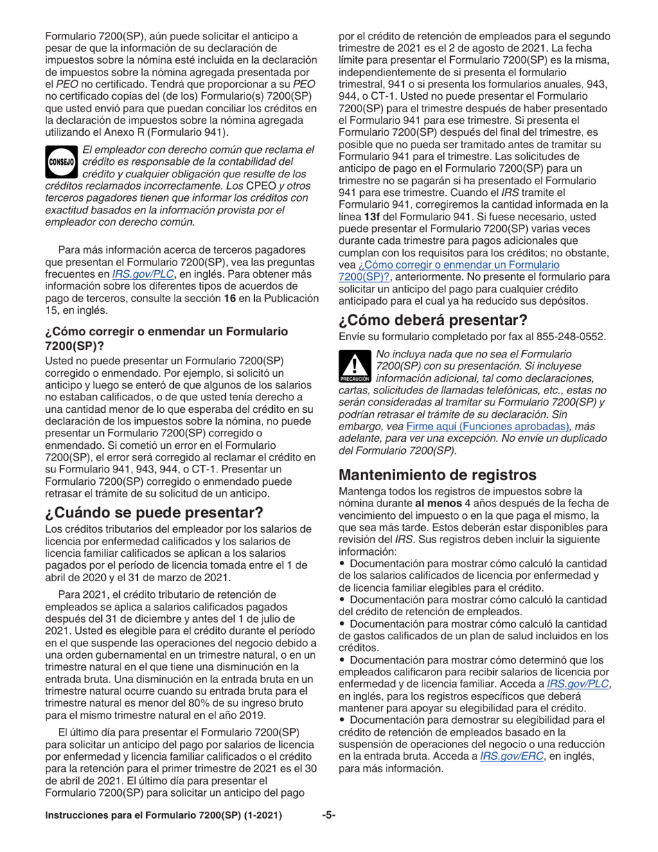 Instrucciones para IRS Formulario 7200(SP) Anticipo De Pago De Creditos Del Empleador Debido Al Covid-19 (Spanish), Page 5