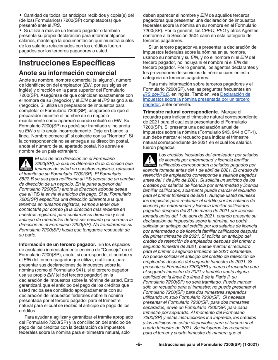 Instrucciones para IRS Formulario 7200(SP) Anticipo De Pago De Creditos Del Empleador Debido Al Covid-19 (Spanish), Page 6