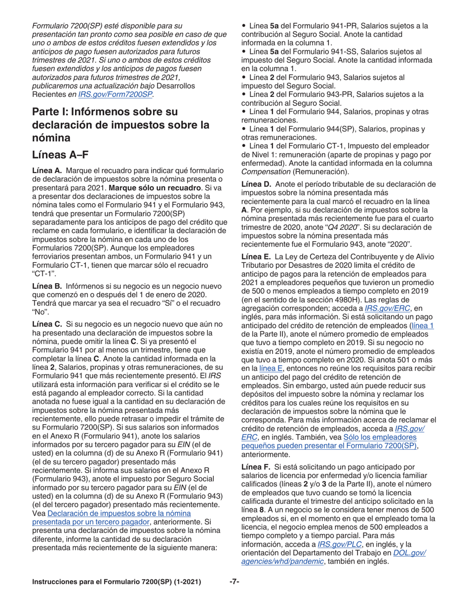 Instrucciones para IRS Formulario 7200(SP) Anticipo De Pago De Creditos Del Empleador Debido Al Covid-19 (Spanish), Page 7