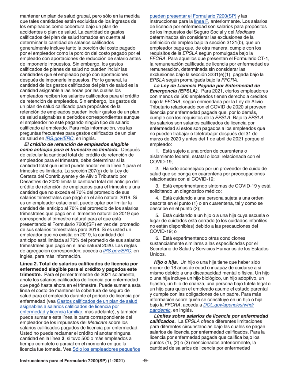 Instrucciones para IRS Formulario 7200(SP) Anticipo De Pago De Creditos Del Empleador Debido Al Covid-19 (Spanish), Page 9
