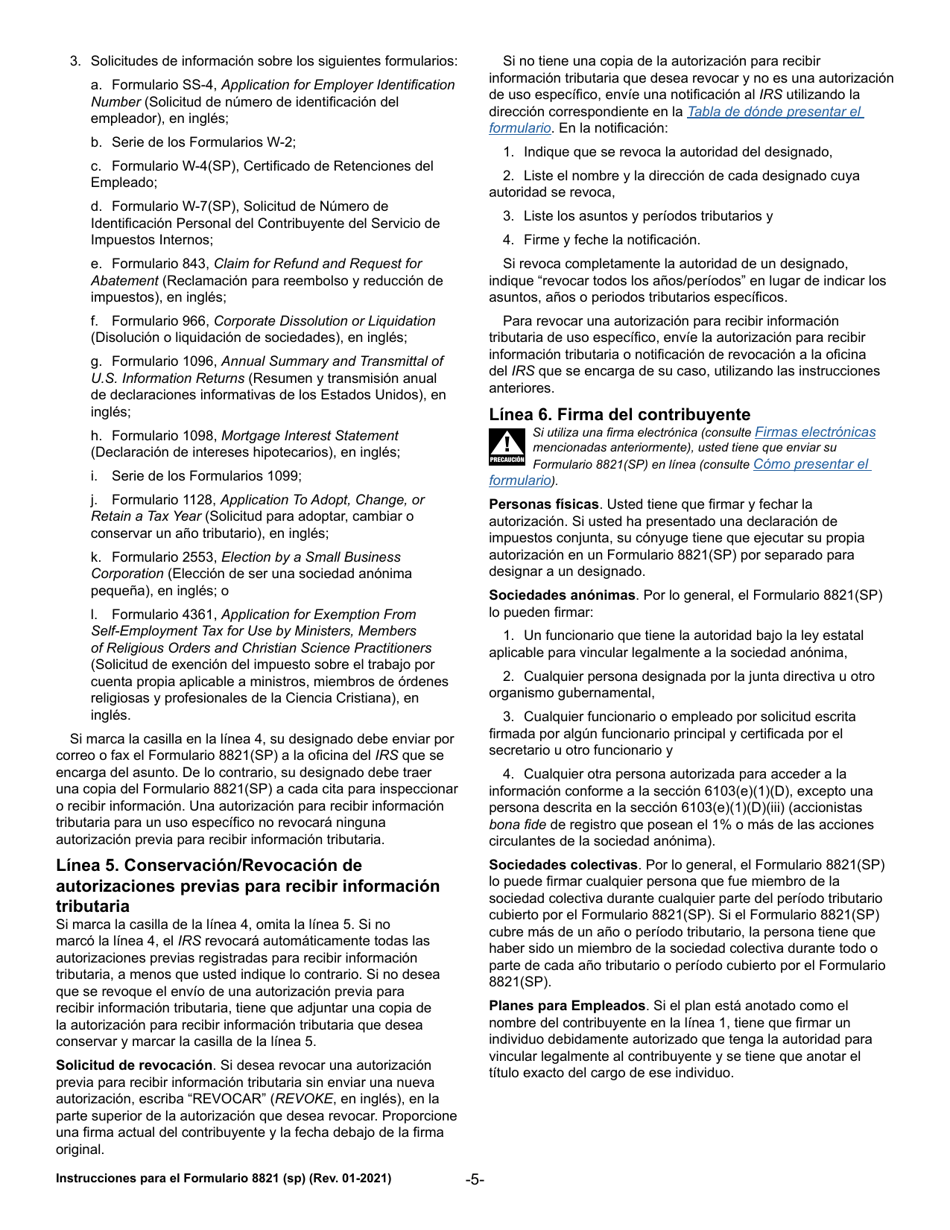 Instrucciones para IRS Formulario 8821 Autorizacion Para Recibir Informacion Tributaria (Spanish), Page 5