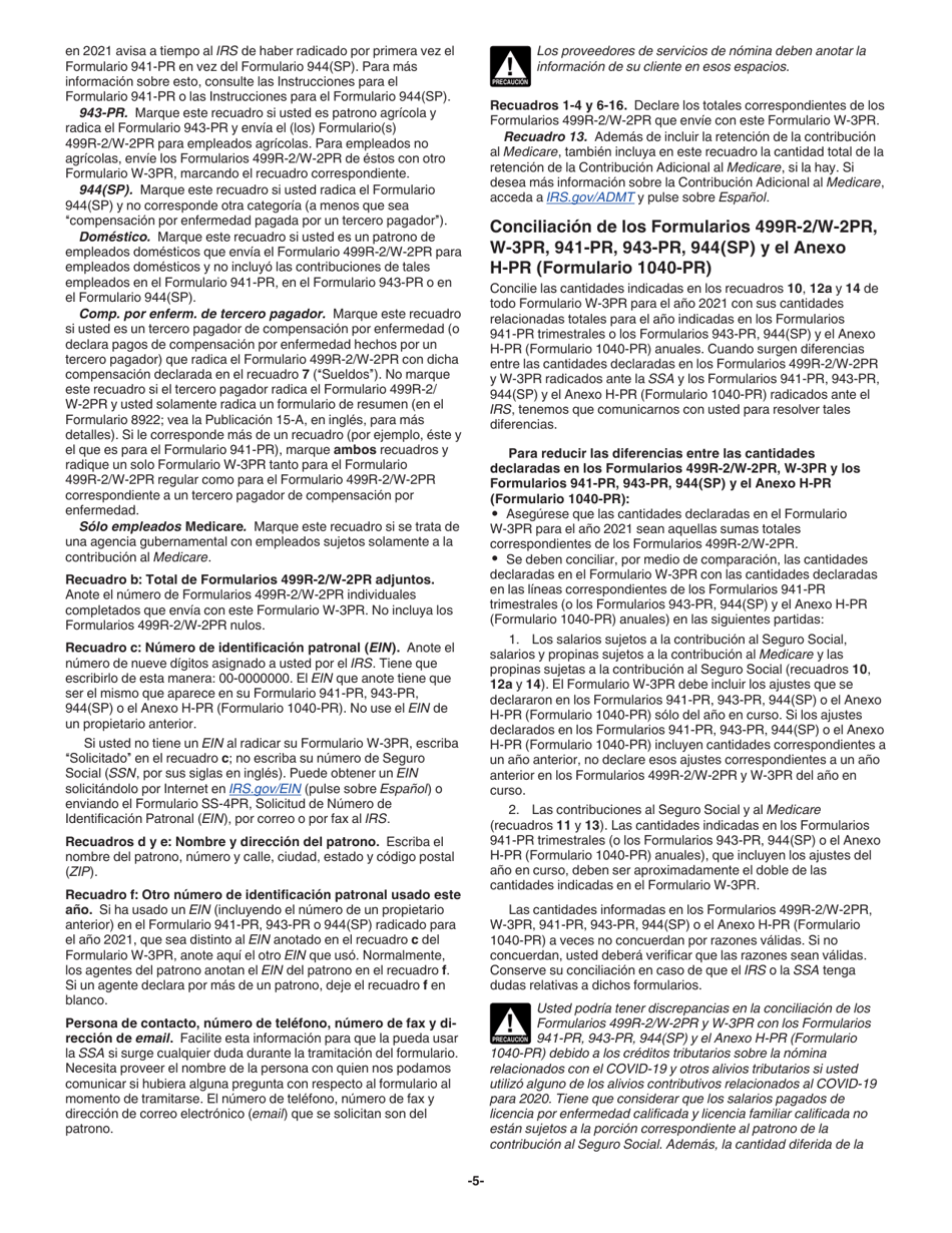Instrucciones para IRS Formulario W-3PR Informe De Comprobantes De Retencion (Puerto Rican Spanish), Page 5
