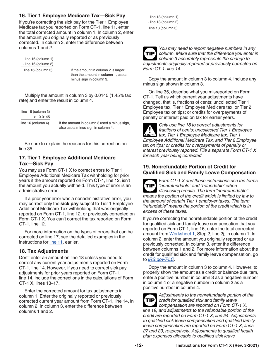 Instructions for IRS Form CT-1 X Adjusted Employers Annual Railroad Retirement Tax Return or Claim for Refund, Page 12