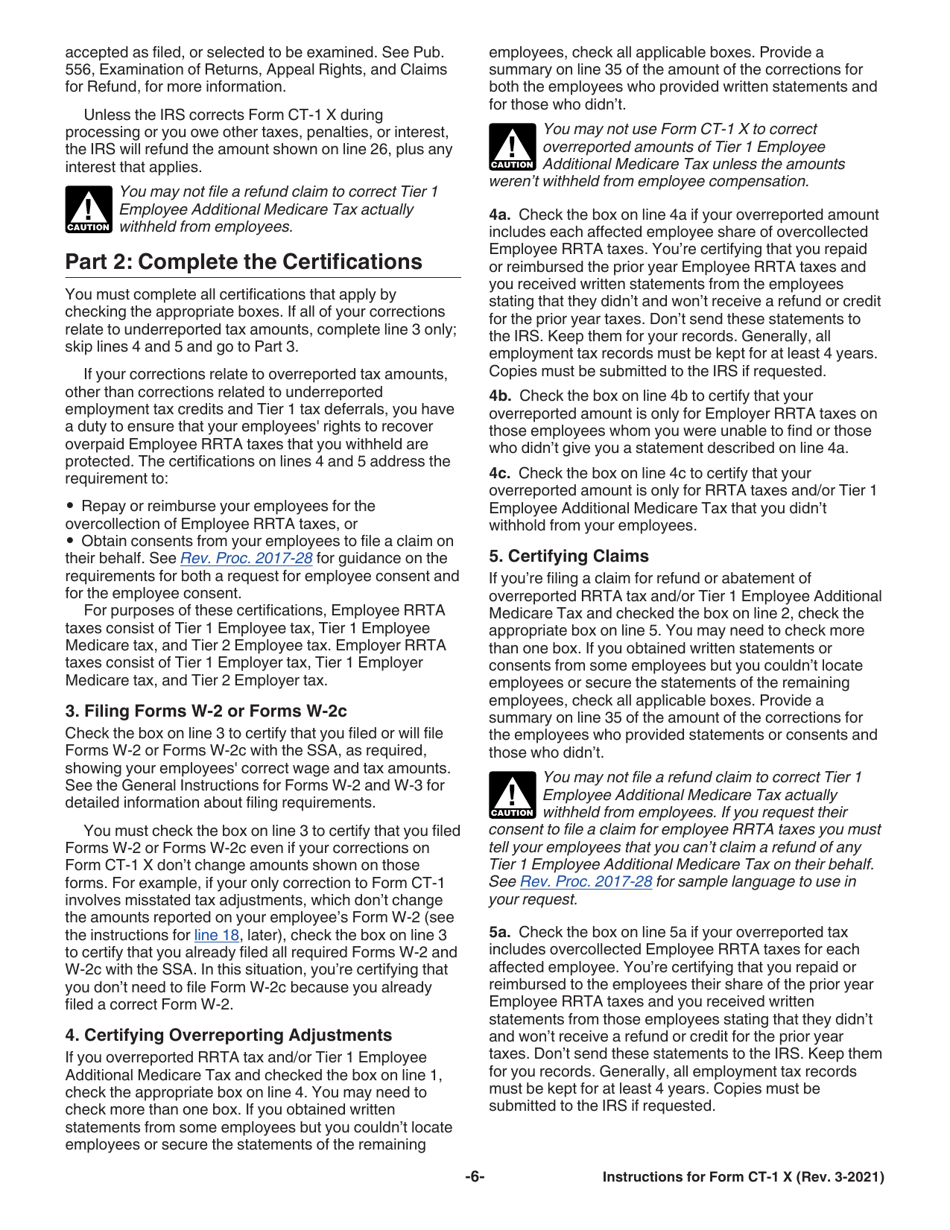 Instructions for IRS Form CT-1 X Adjusted Employers Annual Railroad Retirement Tax Return or Claim for Refund, Page 6