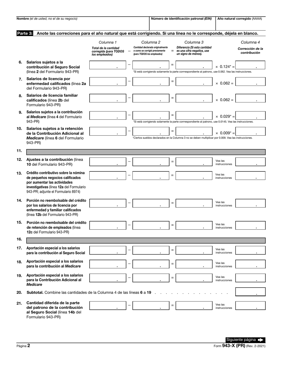 IRS Formulario 943-X (PR) Ajuste a La Declaracion Federal Anual Del Patrono De Empleados Agricolas O Reclamacion De Reembolso (Puerto Rican Spanish), Page 2