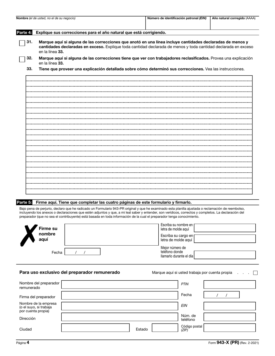 IRS Formulario 943-X (PR) Ajuste a La Declaracion Federal Anual Del Patrono De Empleados Agricolas O Reclamacion De Reembolso (Puerto Rican Spanish), Page 4