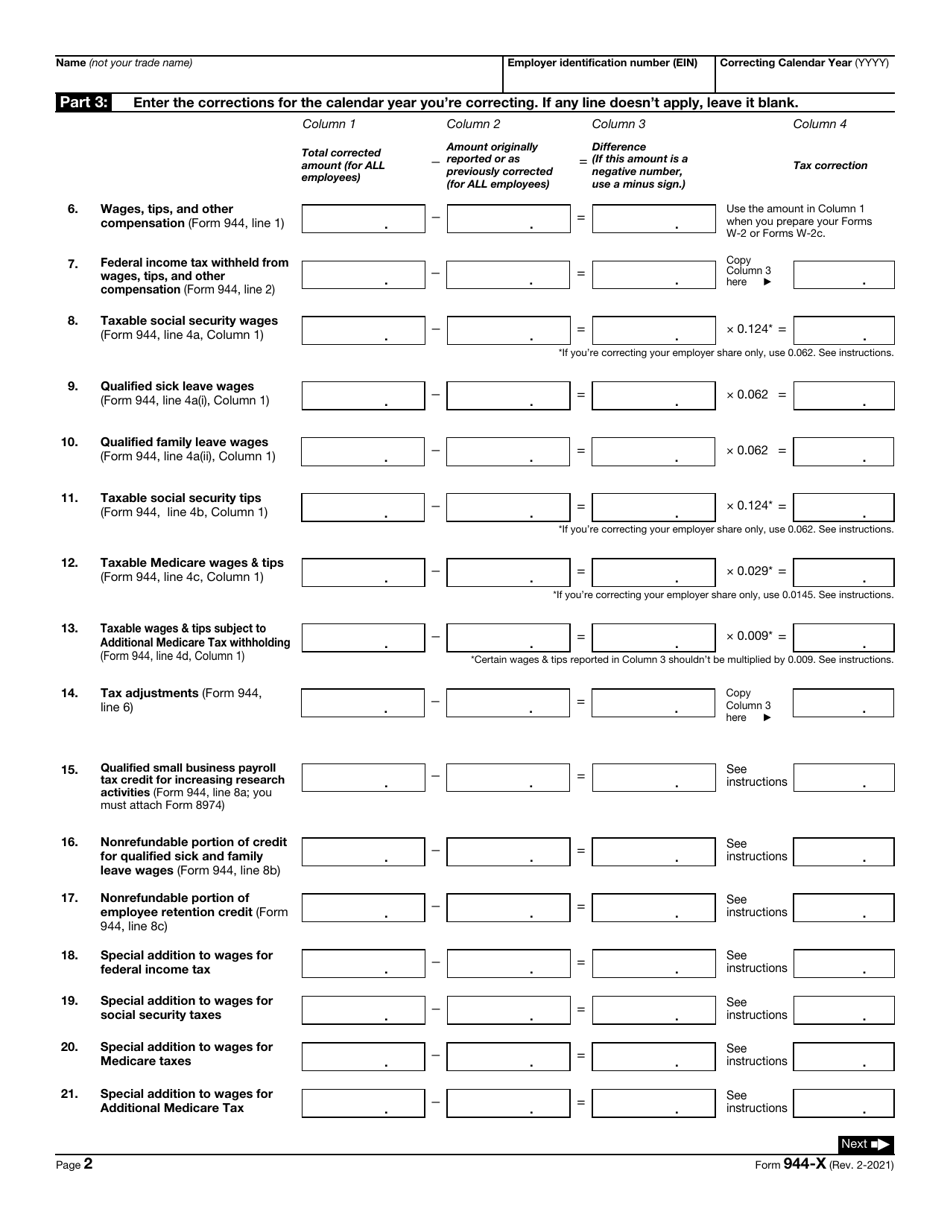 IRS Form 944-X Adjusted Employers Annual Federal Tax Return or Claim for Refund, Page 2