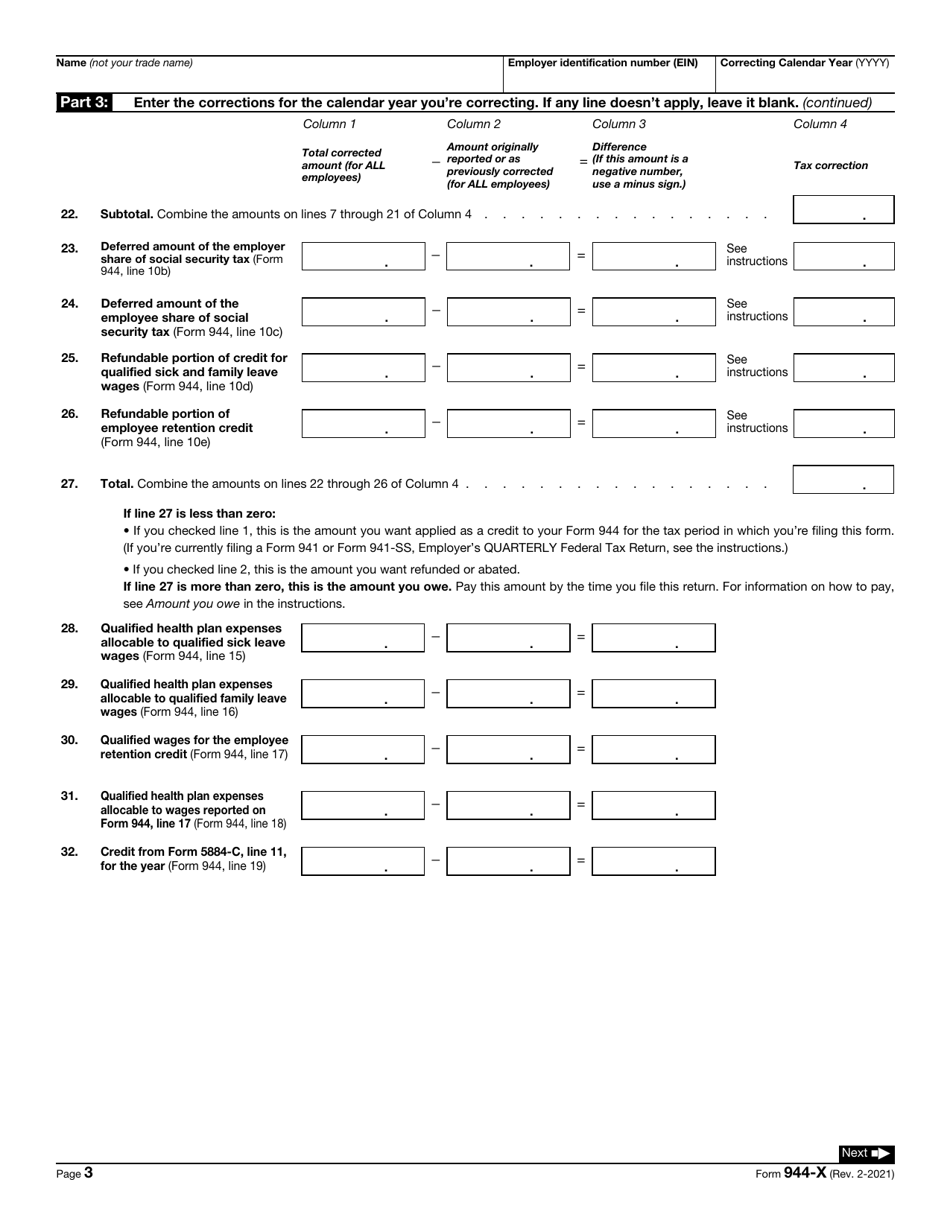 IRS Form 944-X Adjusted Employers Annual Federal Tax Return or Claim for Refund, Page 3