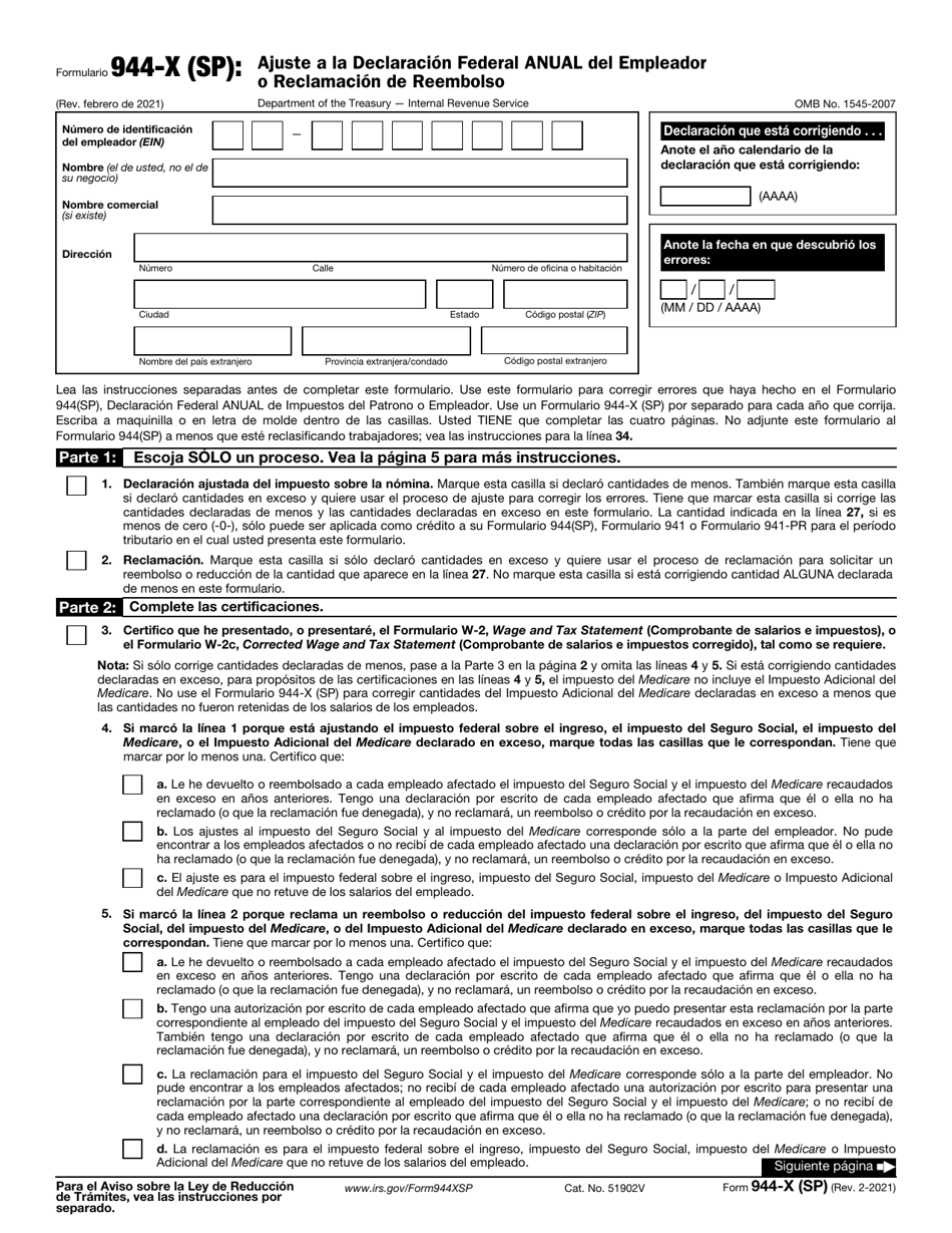 IRS Formulario 944-X (SP) Ajuste a La Declaracion Federal Anual Del Empleador O Reclamacion De Reembolso (Spanish), Page 1