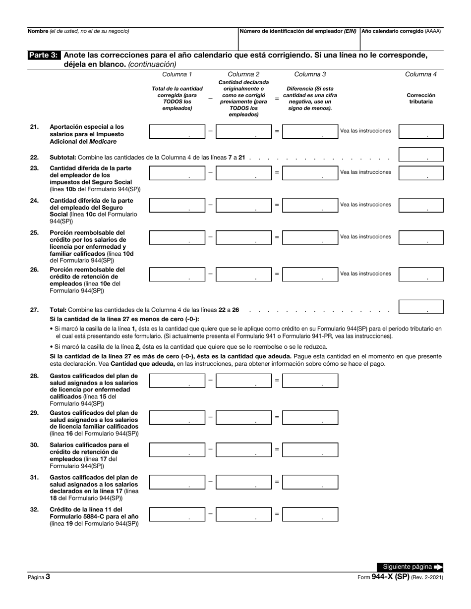 IRS Formulario 944-X (SP) Ajuste a La Declaracion Federal Anual Del Empleador O Reclamacion De Reembolso (Spanish), Page 3