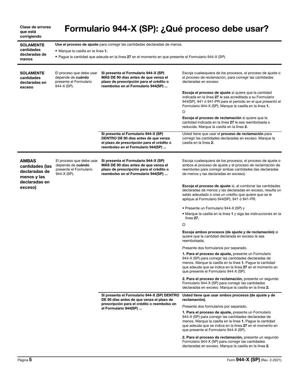 IRS Formulario 944-X (SP) Ajuste a La Declaracion Federal Anual Del Empleador O Reclamacion De Reembolso (Spanish), Page 5