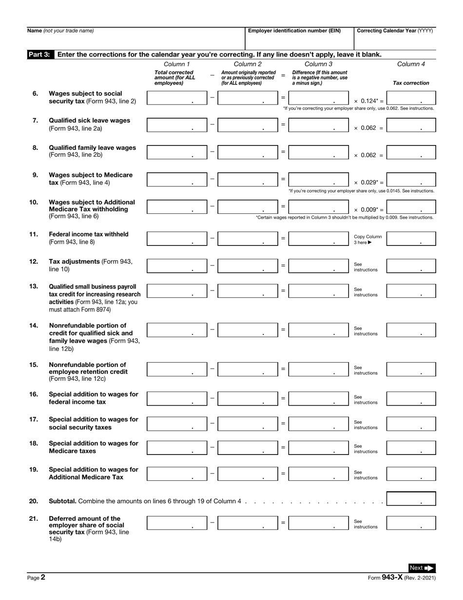 IRS Form 943-X Adjusted Employers Annual Federal Tax Return for Agricultural Employees or Claim for Refund, Page 2