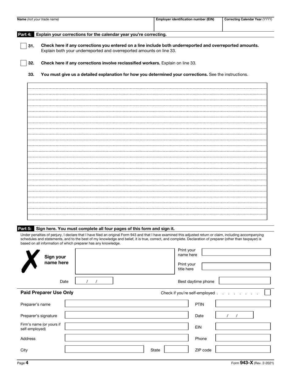 IRS Form 943-X Adjusted Employers Annual Federal Tax Return for Agricultural Employees or Claim for Refund, Page 4