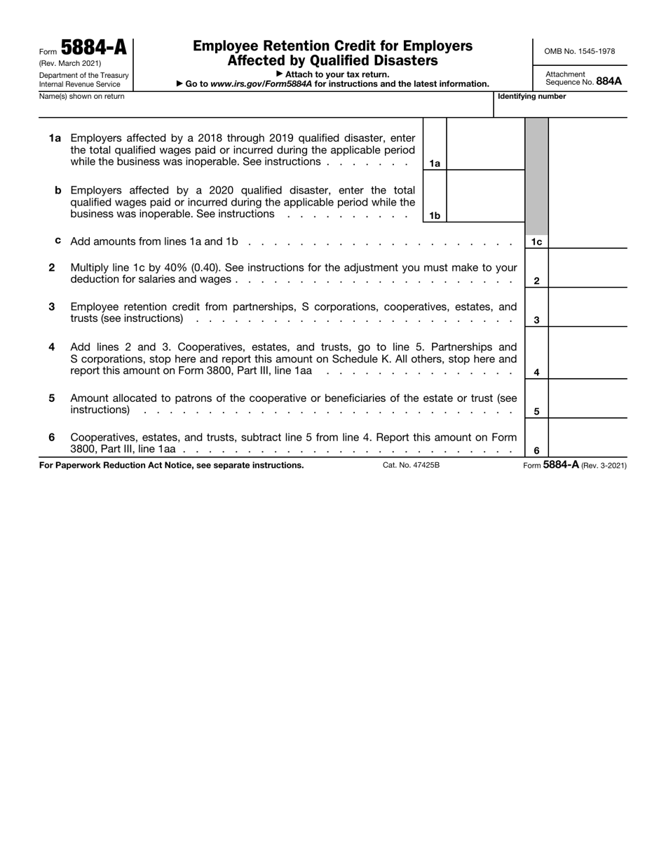 IRS Form 5884-A Employee Retention Credit for Employers Affected by Qualified Disasters, Page 1