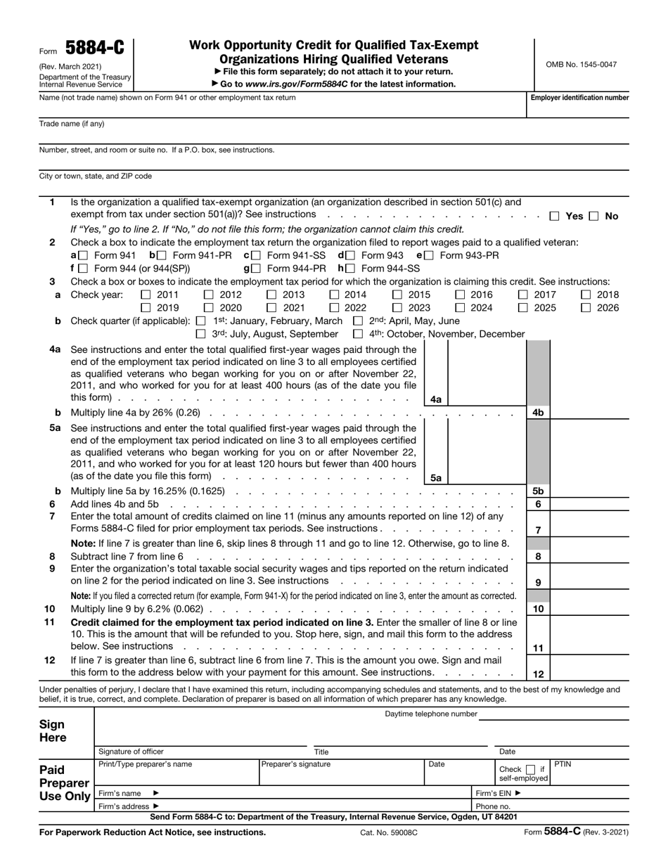IRS Form 5884-C Work Opportunity Credit for Qualified Tax-Exempt Organizations Hiring Qualified Veterans, Page 1