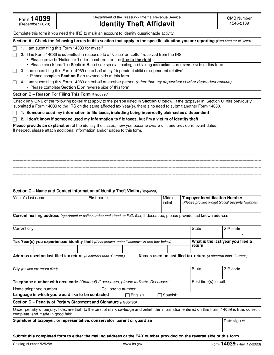 IRS Form 14039 Download Fillable PDF or Fill Online Identity Theft ...