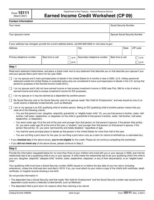 IRS Form 15111 Earned Income Credit Worksheet (Cp 09)