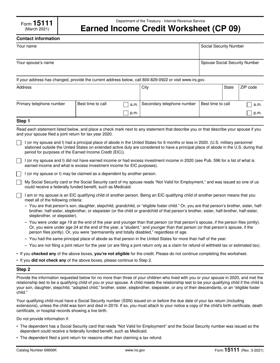 IRS Form 15111 Earned Income Credit Worksheet (Cp 09), Page 1