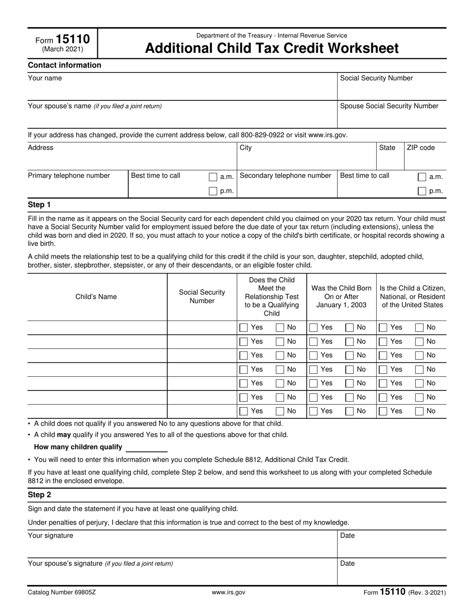 IRS Form 15110 Additional Child Tax Credit Worksheet, Page 1