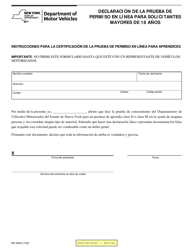 Document preview: Formulario MV-264S Declaracion De La Prueba De Permiso En Linea Para Solicitantes Mayores De 18 Anos - New York (Spanish)