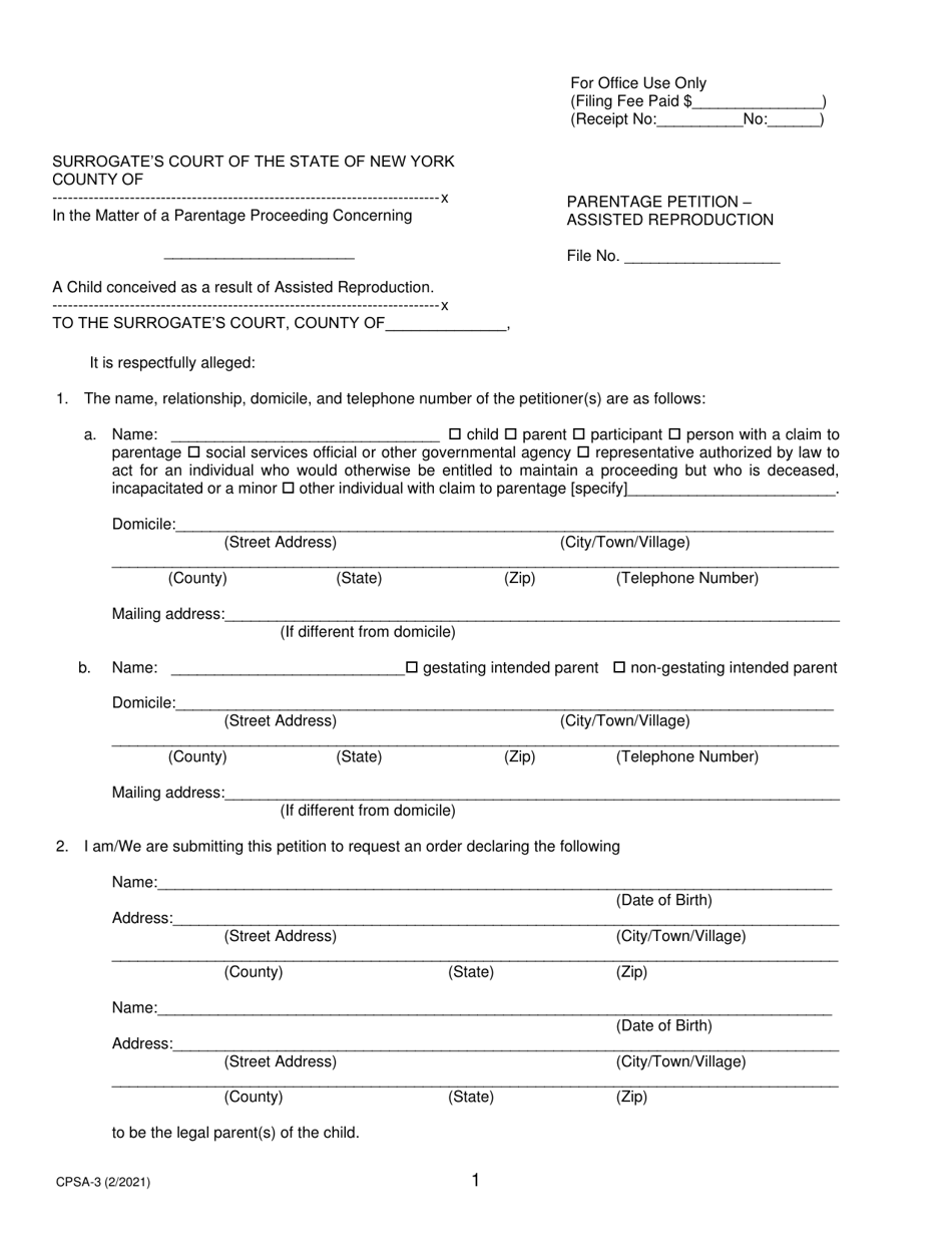 Form CPSA-3 Parentage Petition - Assisted Reproduction - New York, Page 1