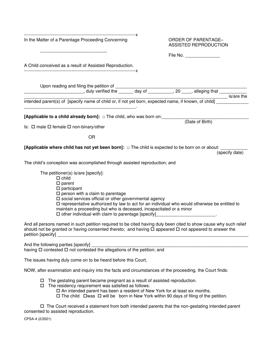 Form CPSA-4 Order of Parentage - Assisted Reproduction - New York, Page 1