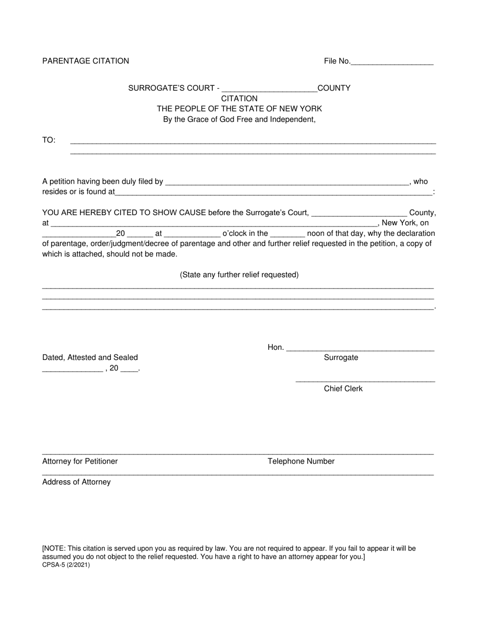 Form CPSA-5 Parentage Citation - New York, Page 1