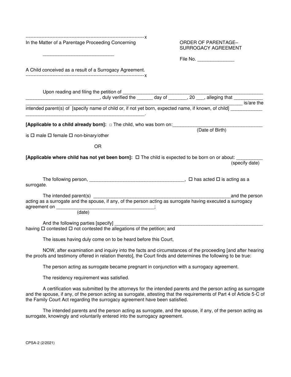 Form CPSA-2 Order of Parentage - Surrogacy Agreement - New York, Page 1