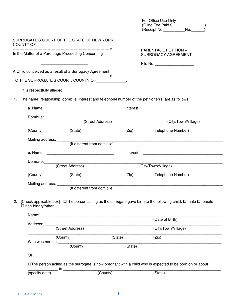 Form CPSA-1 Parentage Petition - Surrogacy Agreement - New York, Page 1
