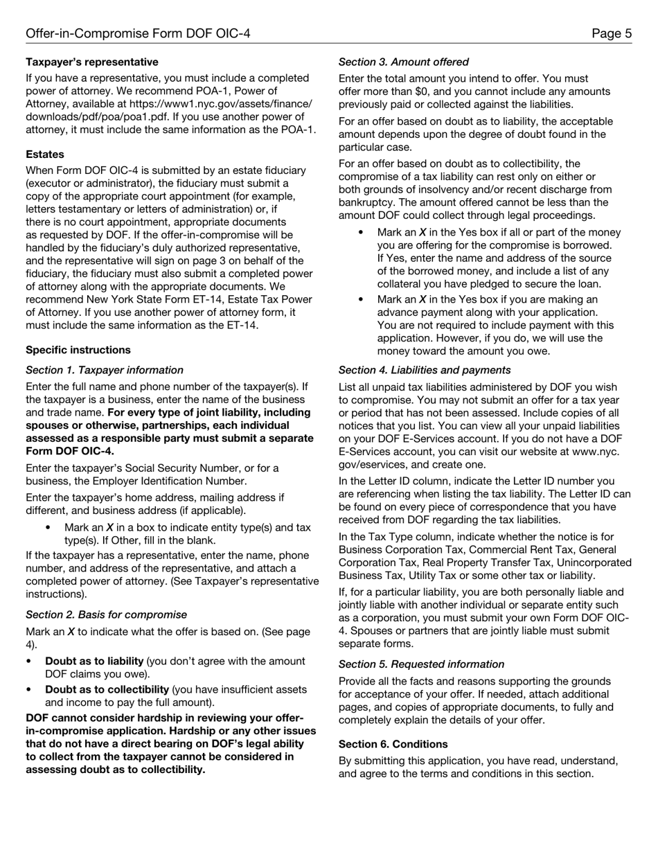 Form DOF OIC-4 Offer-In-compromise for Liabilities Not Fixed and Final, and Subject to Administrative Review - New York City, Page 5