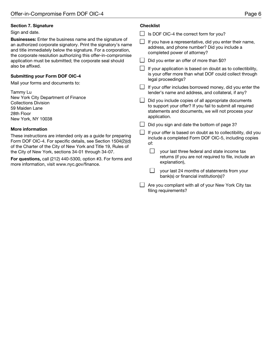 Form DOF OIC-4 Offer-In-compromise for Liabilities Not Fixed and Final, and Subject to Administrative Review - New York City, Page 6