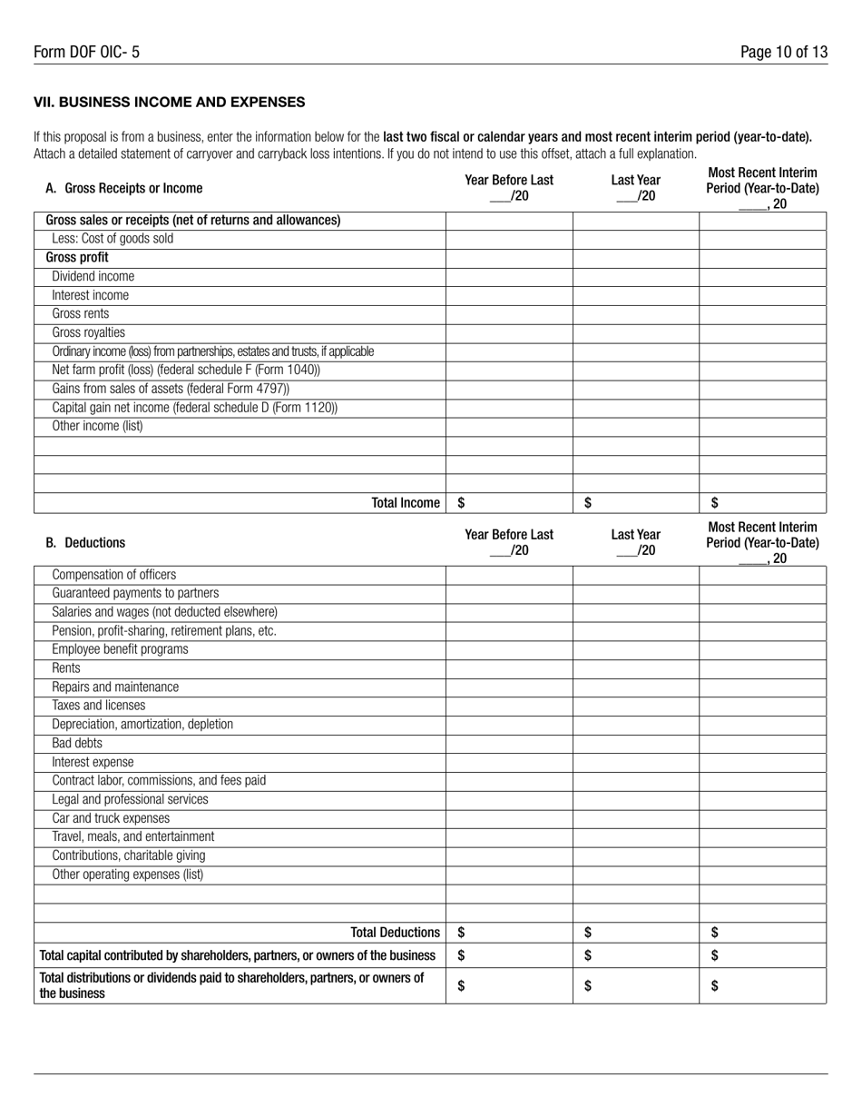 Form DOF OIC-5 Statement of Financial Condition - New York City, Page 10