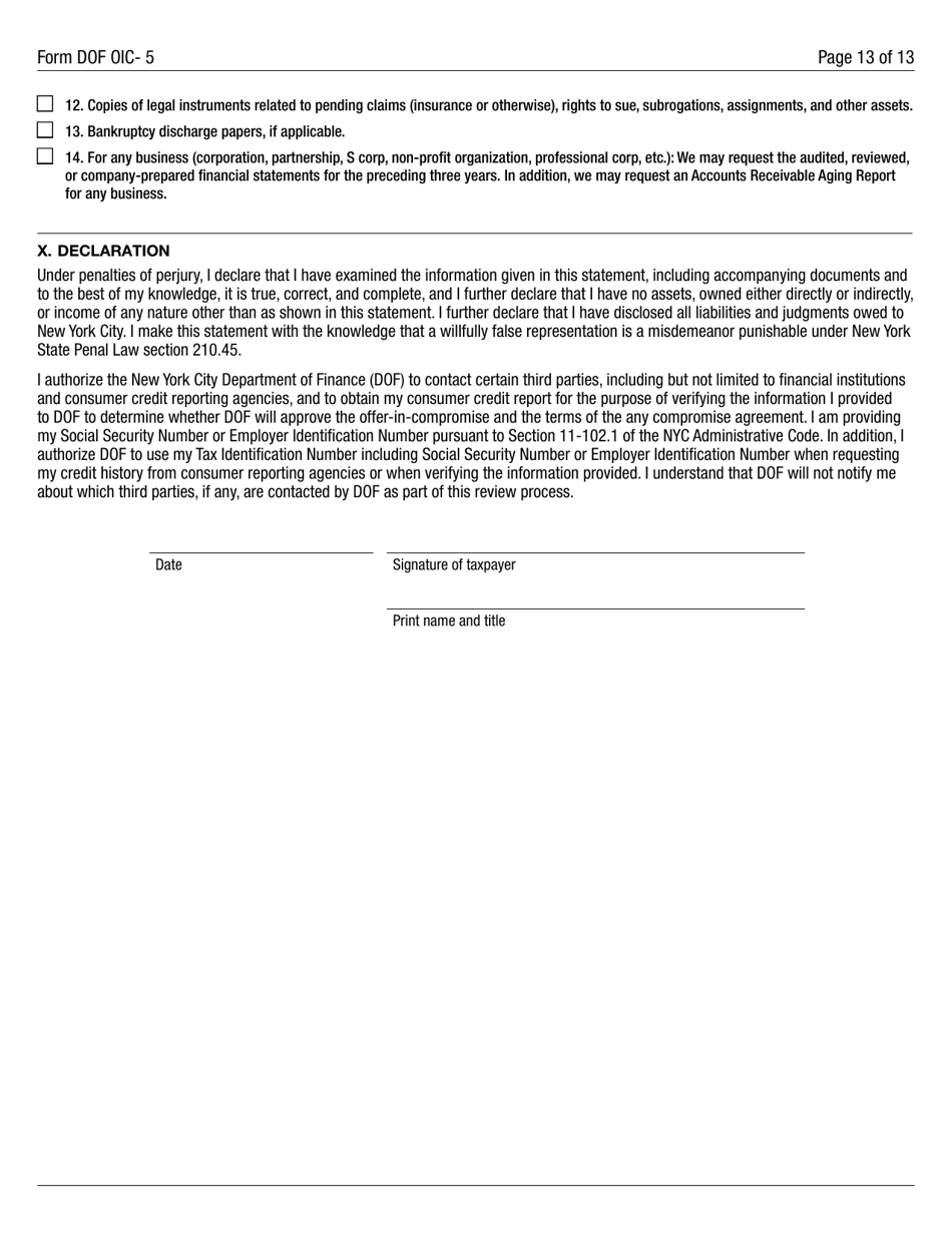 Form DOF OIC-5 Statement of Financial Condition - New York City, Page 13