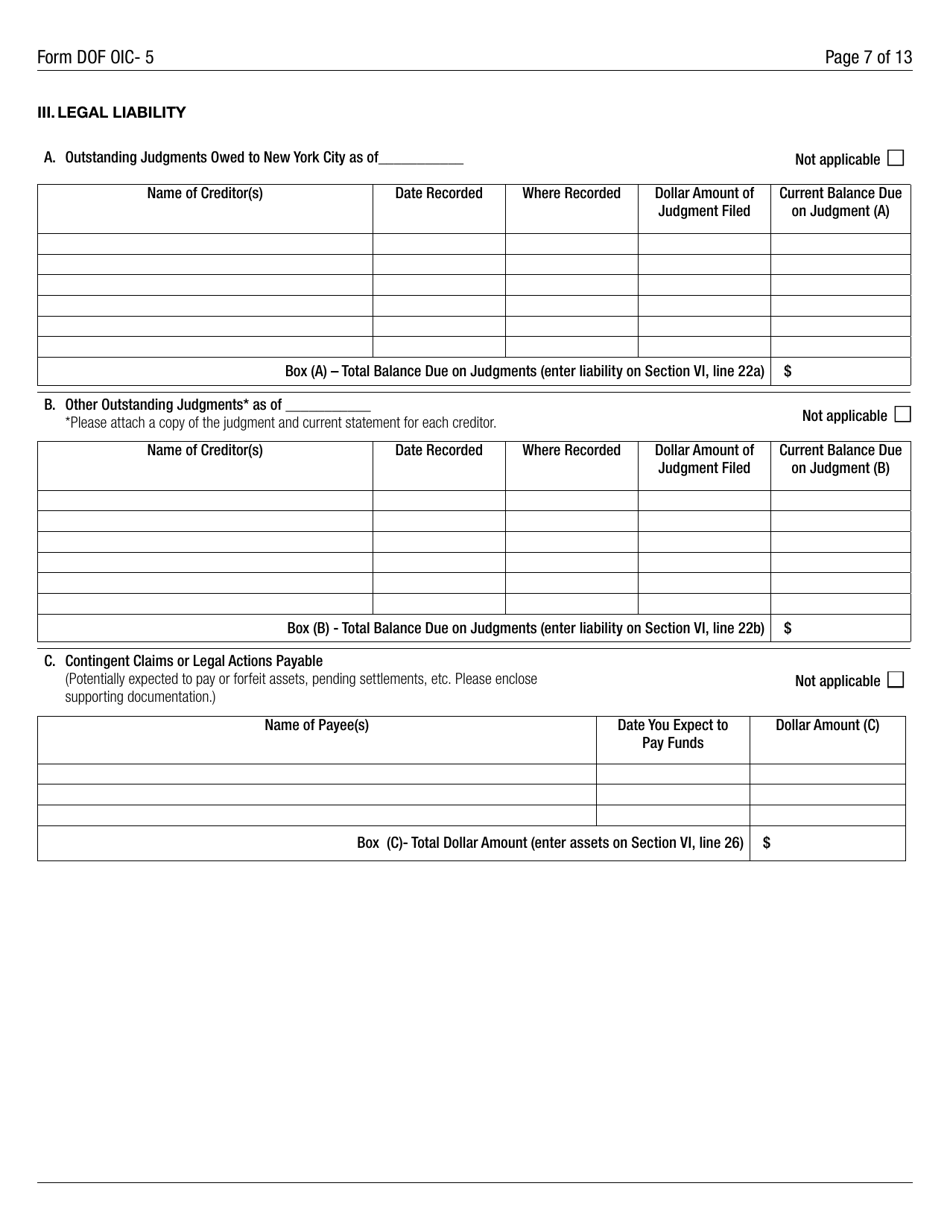 Form DOF OIC-5 Statement of Financial Condition - New York City, Page 7