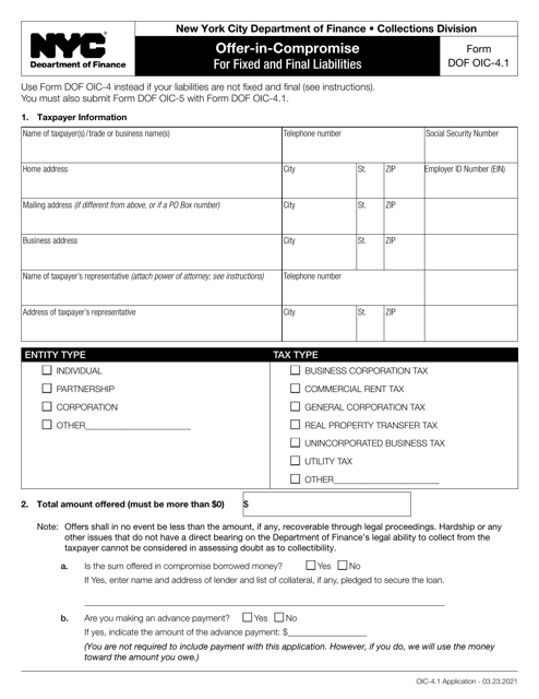 Form DOF OIC-4.1 Offer-In-compromise for Fixed and Final Liabilities - New York City