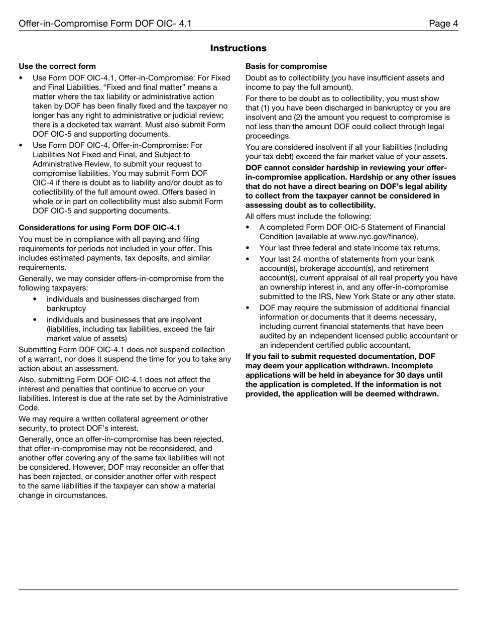 Form DOF OIC-4.1 Offer-In-compromise for Fixed and Final Liabilities - New York City, Page 4