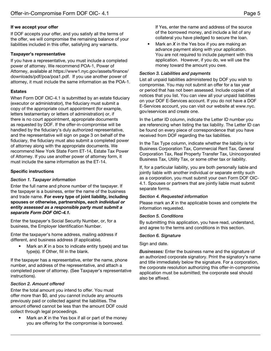 Form DOF OIC-4.1 Offer-In-compromise for Fixed and Final Liabilities - New York City, Page 5