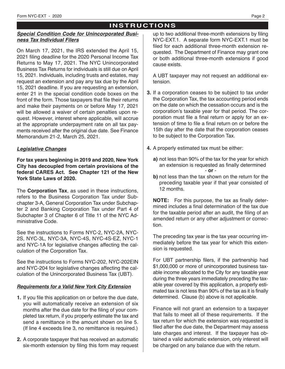 Form NYC-EXT Application for Automatic Extension of Time to File Business Income Tax Returns - New York City, Page 2