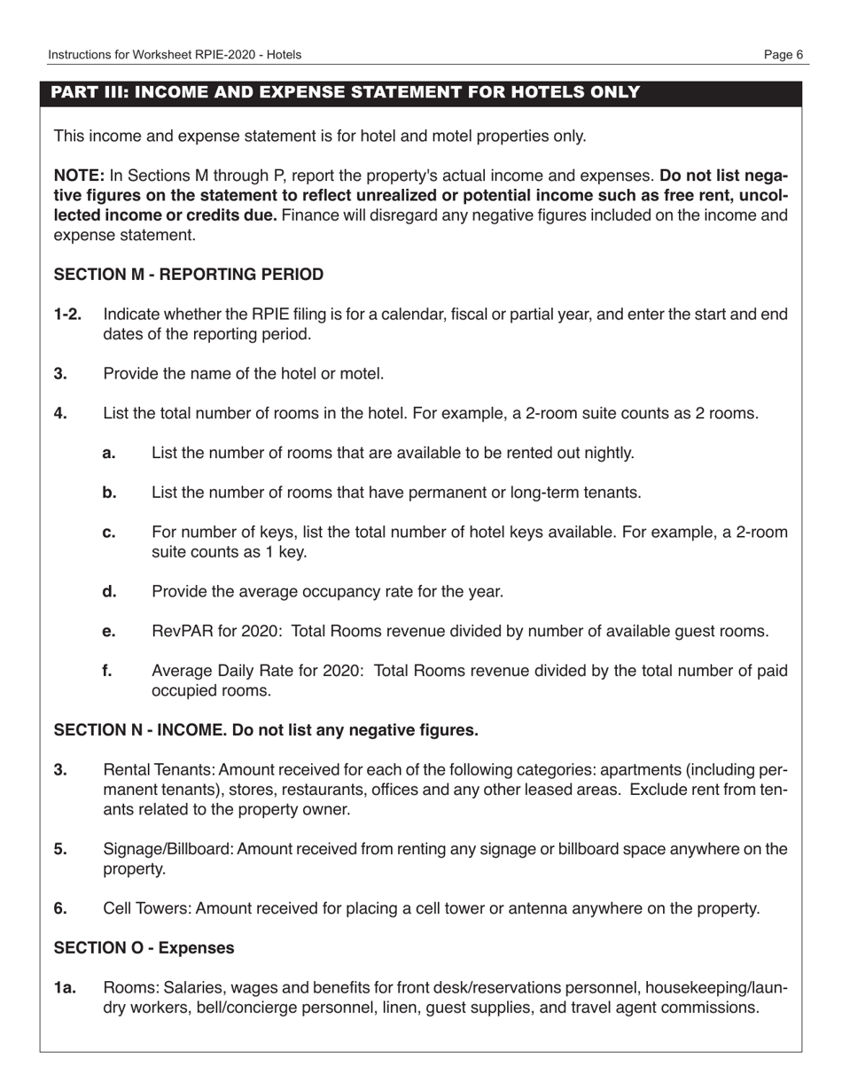 Download Instructions for Real Property and Expense (Rpie) Statement for Hotels PDF, 2020