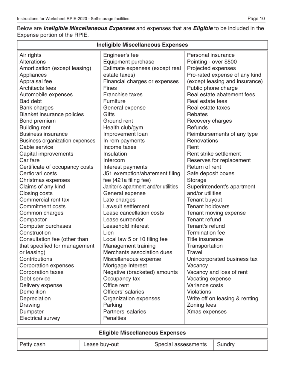 Instructions for Real Property Income and Expense Form for Self-storage Facilities - New York City, Page 11