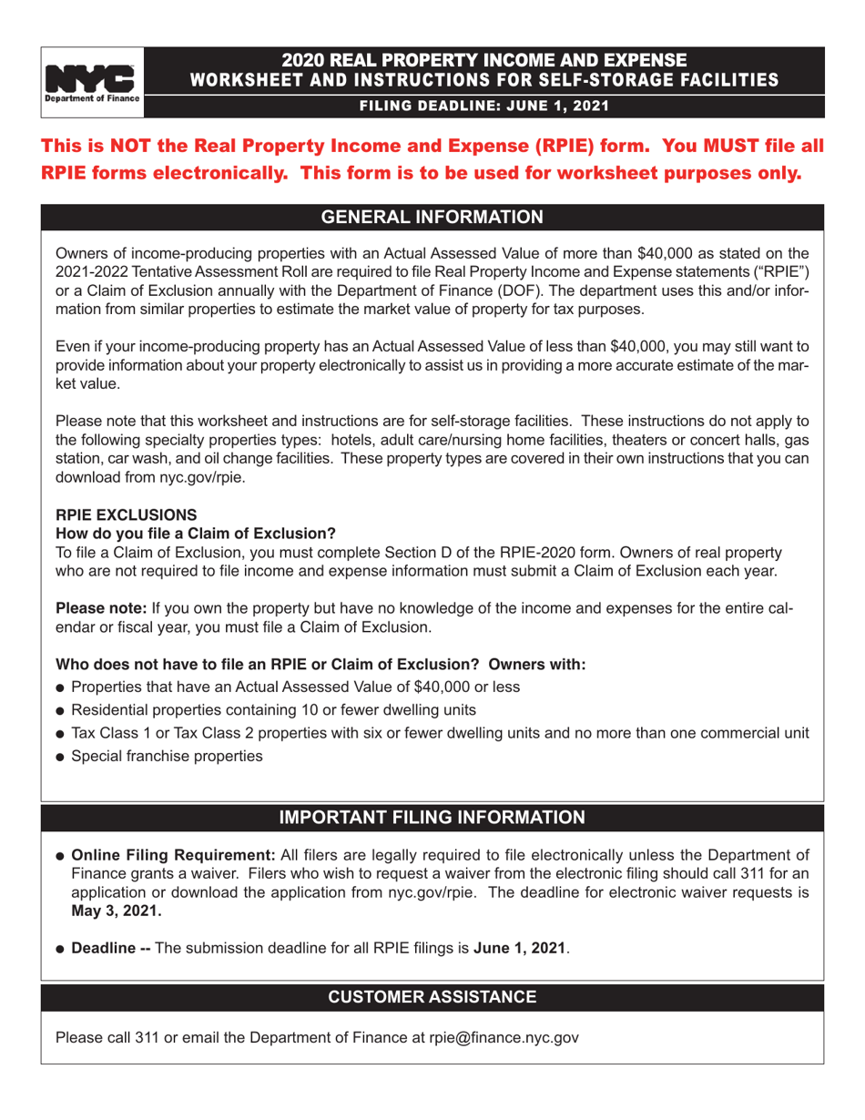 Instructions for Real Property Income and Expense Form for Self-storage Facilities - New York City, Page 2