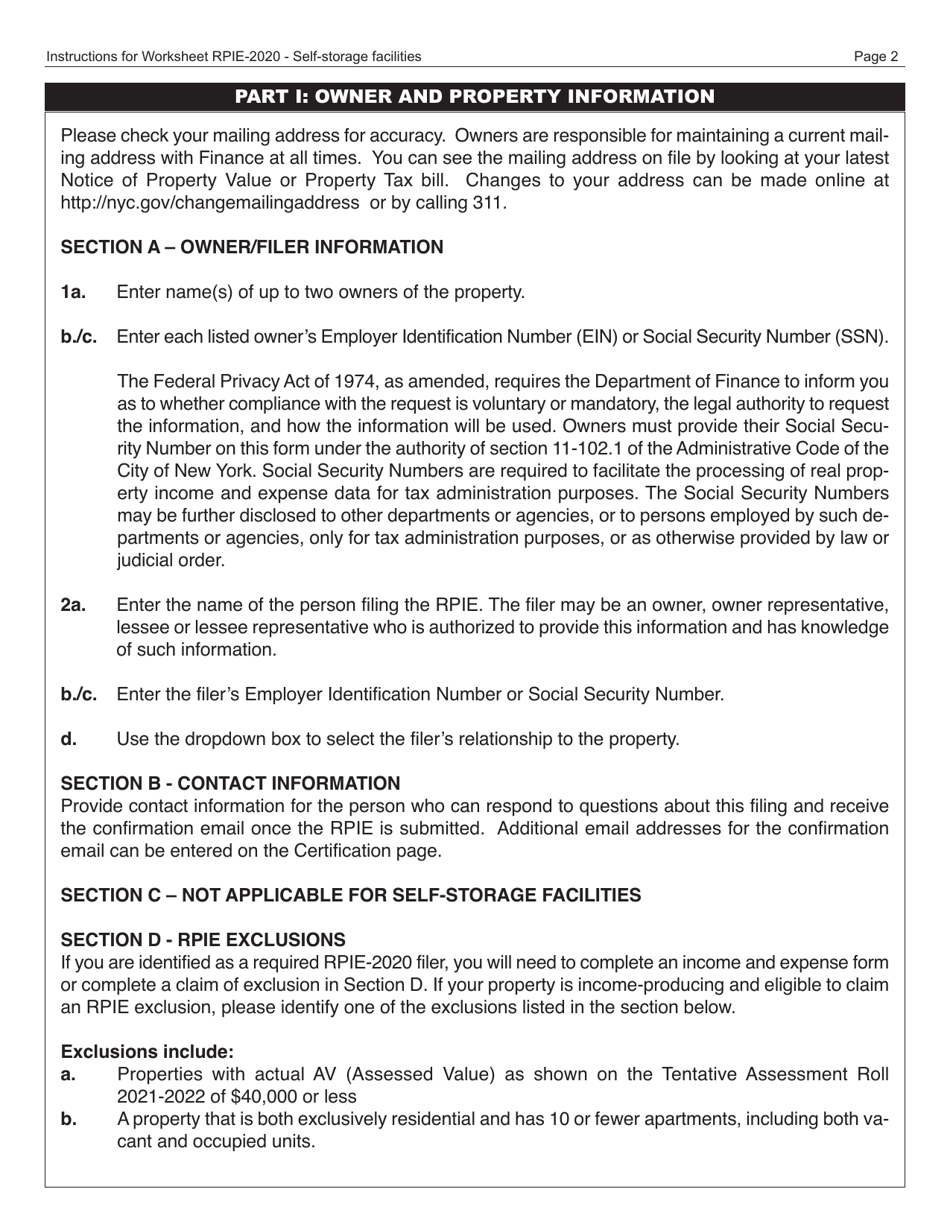 Instructions for Real Property Income and Expense Form for Self-storage Facilities - New York City, Page 3