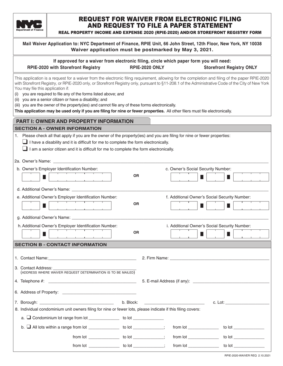 2020 New York City Request for Waiver From Electronic Filing and