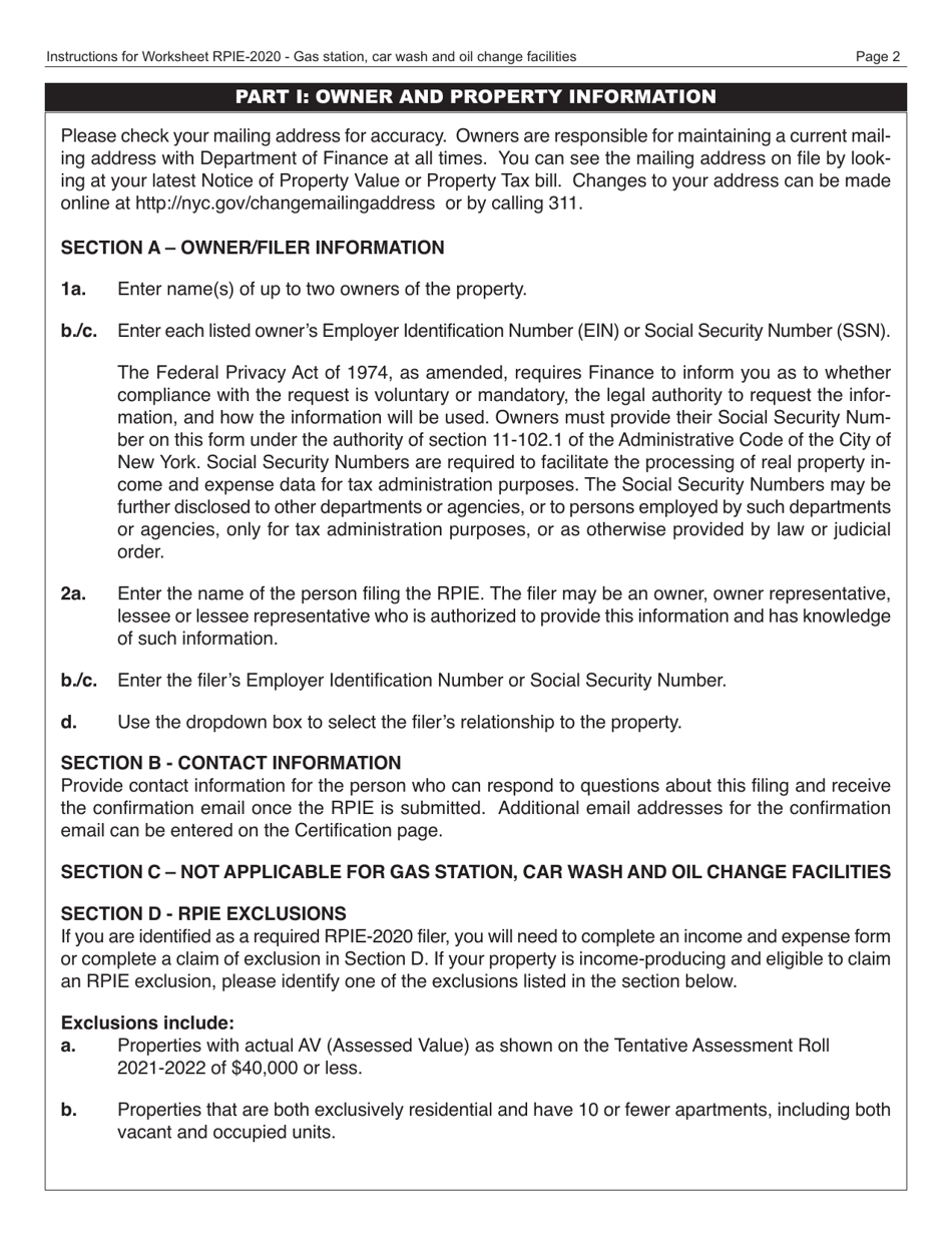 Instructions for Real Property Income and Expense Form for Gas Station, Car Wash and Oil Change Facilities - New York City, Page 3