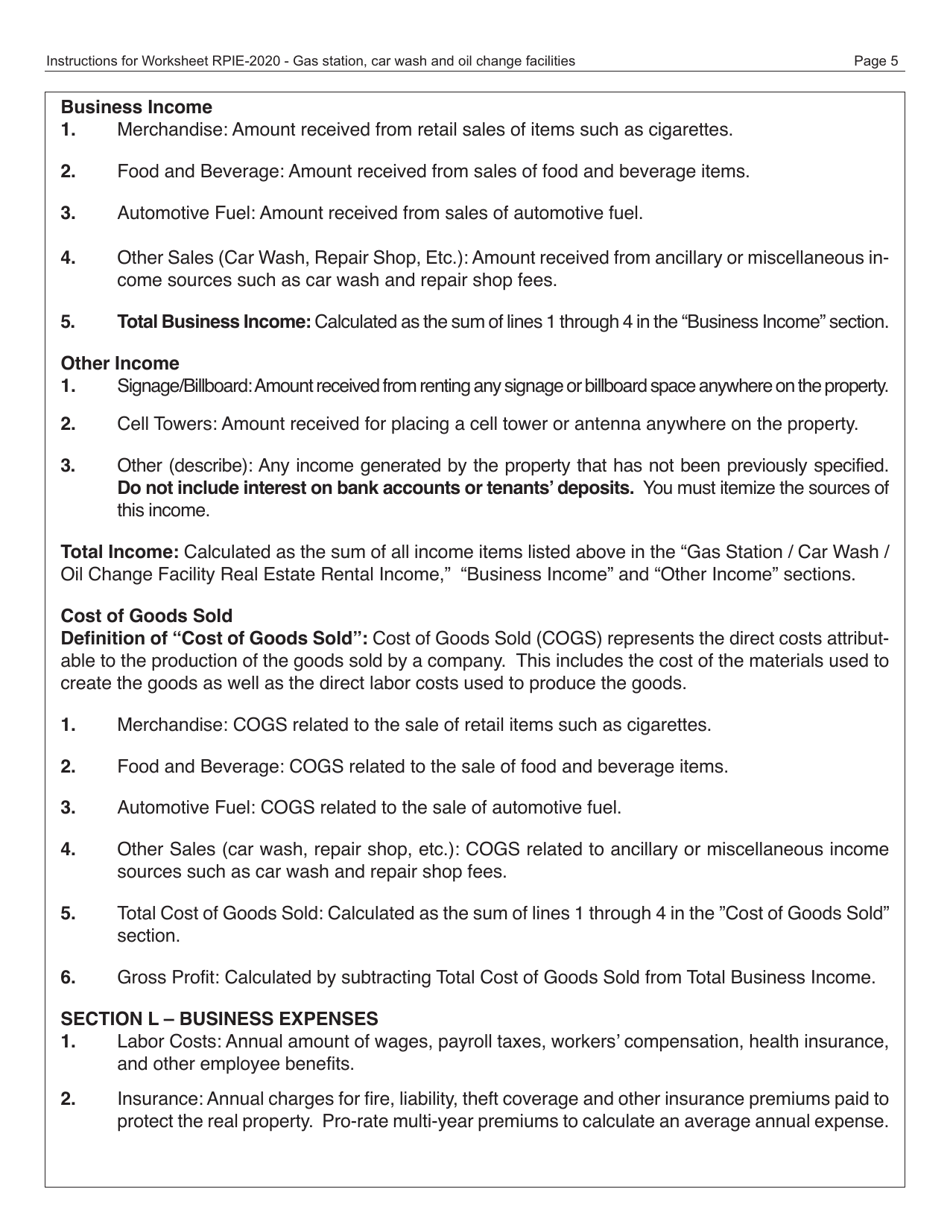 Instructions for Real Property Income and Expense Form for Gas Station, Car Wash and Oil Change Facilities - New York City, Page 6