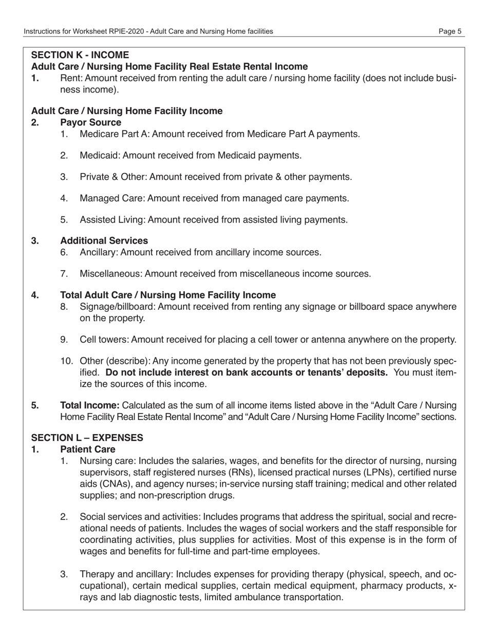 Instructions for Real Property Income and Expense Form for Adult Care and Nursing Home Facilities - New York City, Page 6